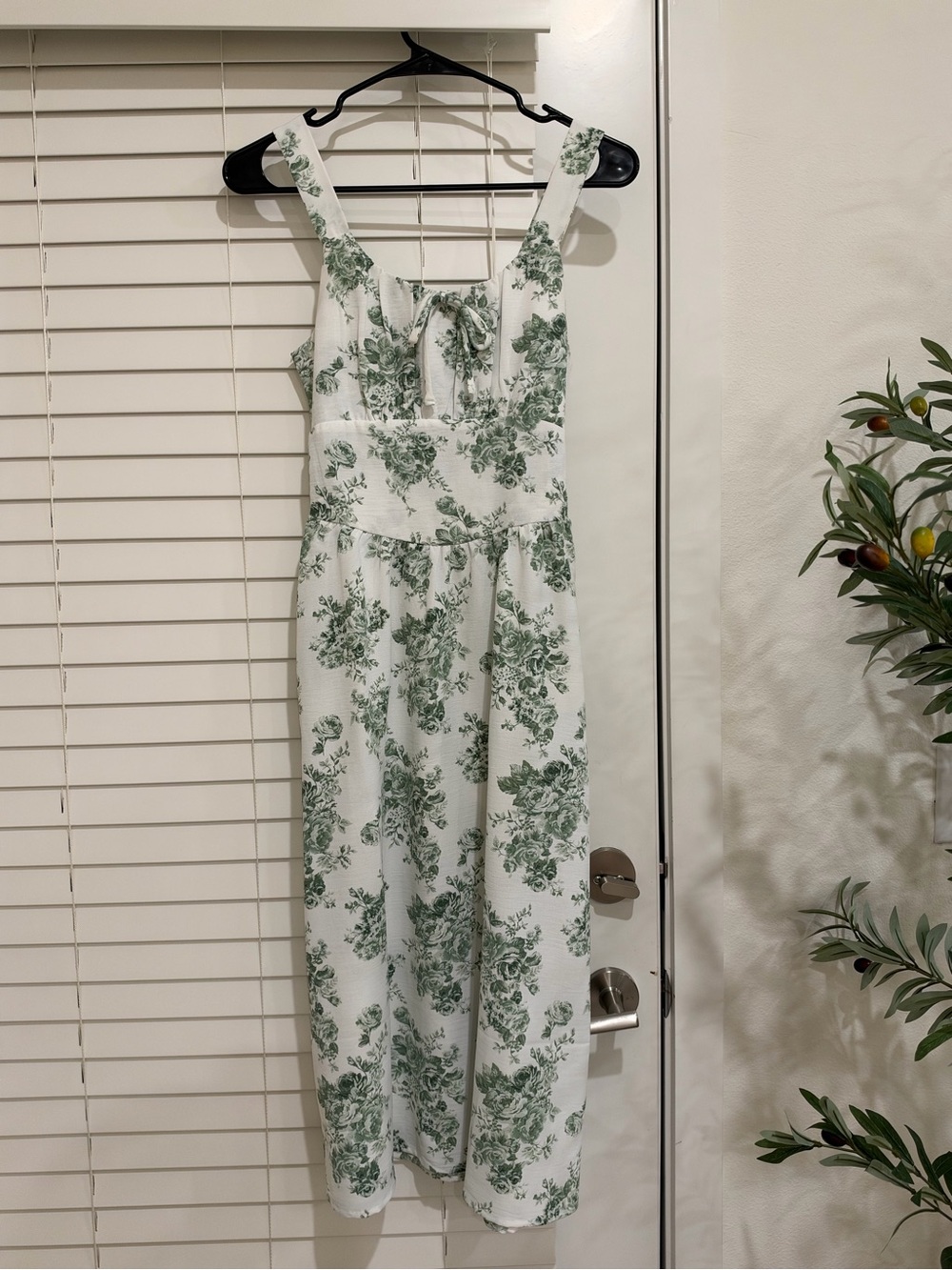 Women's White Floral Midi dress with Green Print